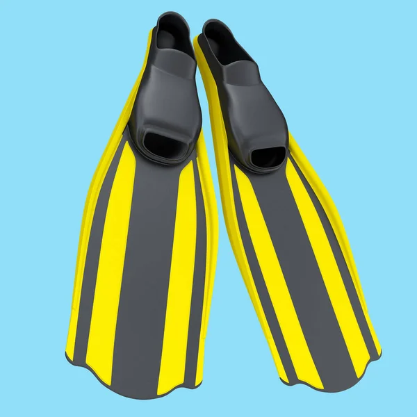蓝色背景下孤立的黄色潜水鳍 3D渲染潜水和潜水设备 — 图库照片