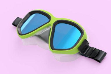 Yeşil dalış maskesi pembe arka planda izole edilmiş. 3D dalış ve şnorkelle yüzme ekipmanı