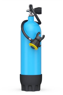 Mavi dalış tankı beyaz arka planda izole edilmiş şnorkelle yüzmek için tam oksijen. Yaz tatili için 3D dalış ve spor malzemesi.