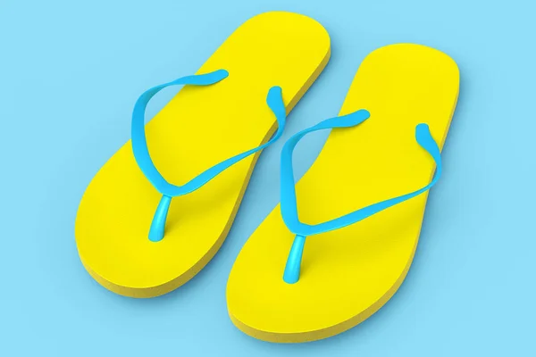 Strandgele Teenslippers Sandalen Geïsoleerd Blauwe Achtergrond Renderen Concept Van Zomer — Stockfoto