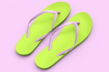 Plaj yeşili terlikler ya da pembe arka planda izole edilmiş sandaletler. 3D sunum konsepti yaz aile tatili