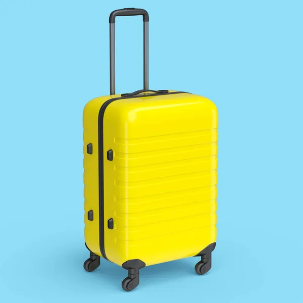 Small yellow polycarbonate suitcase isolated on blue background. 3d render travel concept of baggage or luggage