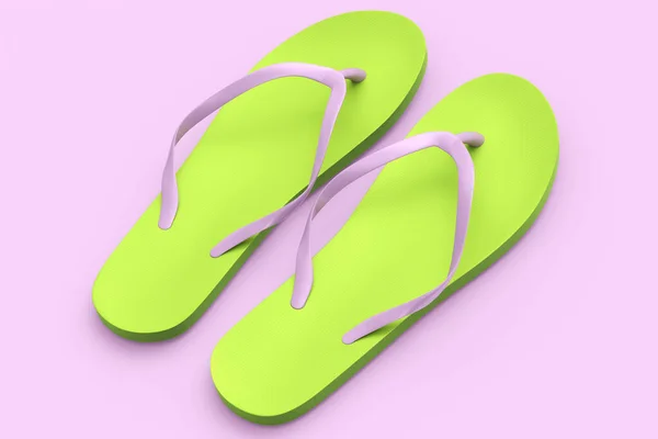 Flip Flops Verde Praia Sandálias Isoladas Fundo Rosa Renderizar Conceito — Fotografia de Stock