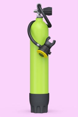 Pembe arka planda izole edilmiş şnorkelle yüzmek için yeşil dalış tankı tam oksijen. Yaz tatili için 3D dalış ve spor malzemesi.