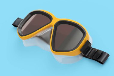 Mavi arka planda izole edilmiş turuncu dalış maskesi. 3D dalış ve şnorkelle yüzme ekipmanı