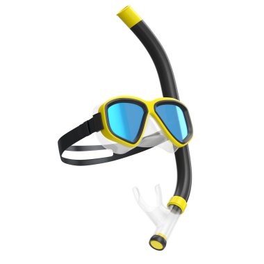 Sarı dalış maskesi ve şnorkel beyaz arka planda izole edilmiş. 3D dalış ve şnorkelle yüzme ekipmanı