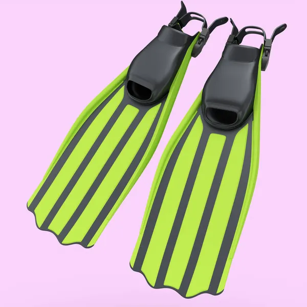 绿色的潜水鳍在粉红色的背景上被隔离 3D渲染潜水和潜水设备 — 图库照片