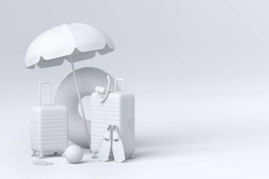 Plaj şemsiyeli bavul ve tek renkli arka planda şişme yüzük. Yaz tatili konsepti ve tatillerinin 3 boyutlu canlandırması