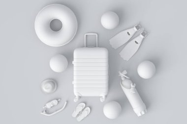 Renkli bavul ya da tek renkli arka planda plaj aksesuarları olan bavul. Yaz tatili konsepti ve tatillerinin 3 boyutlu canlandırması