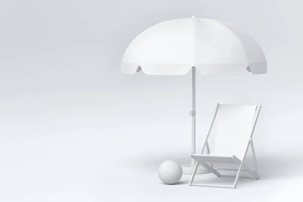 Krzesło Plażowe Parasolem Piłką Plażową Monochromatycznym Tle Renderowanie Koncepcji Wakacji — Zdjęcie stockowe