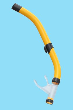 Mavi arka planda izole edilmiş havuzda dalmak ve yüzmek için turuncu şnorkel. Yaz tatili için 3D dalış ve şnorkelle dalış ekipmanı.