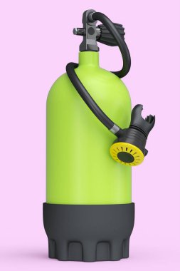 Pembe arka planda izole edilmiş şnorkelle yüzmek için yeşil dalış tankı tam oksijen. Yaz tatili için 3D dalış ve spor malzemesi.