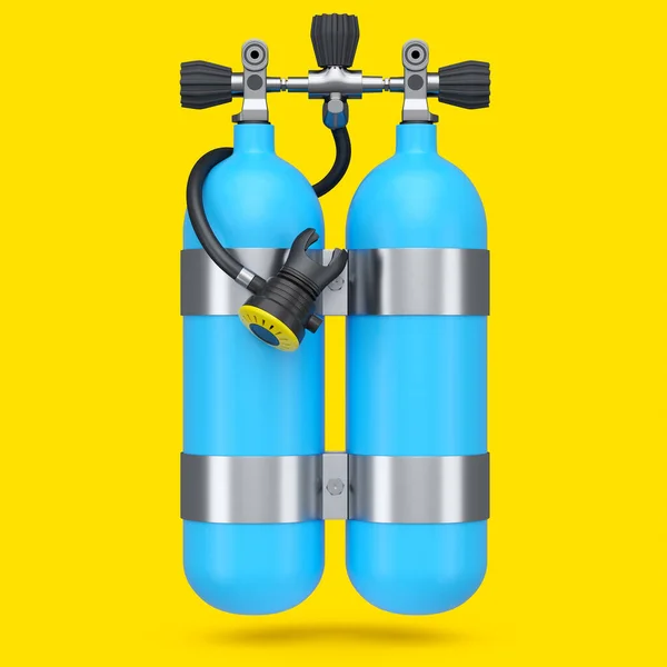 Γαλάζιες Δεξαμενές Κατάδυσης Μπαλόνια Πλήρες Οξυγόνο Για Ψαροντούφεκο Απομονώνονται Κίτρινο — Φωτογραφία Αρχείου
