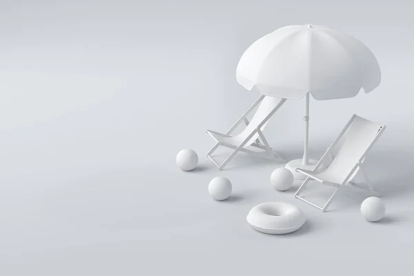 有伞的海滩椅和单色背景的海滩球 暑假概念的3D渲染 — 图库照片