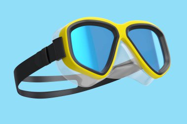 Sarı dalış maskesi mavi arka planda izole edilmiş. 3D dalış ve şnorkelle yüzme ekipmanı