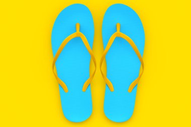 Plaj mavisi terlikler ya da sarı arka planda izole edilmiş sandaletler. 3D sunum konsepti yaz aile tatili