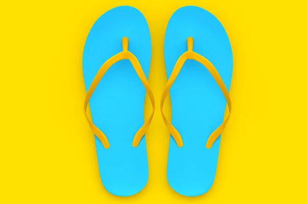 Beach Blue Flip Flops Sandals Isolated Yellow Background Render Concept — Stock Photo, Image