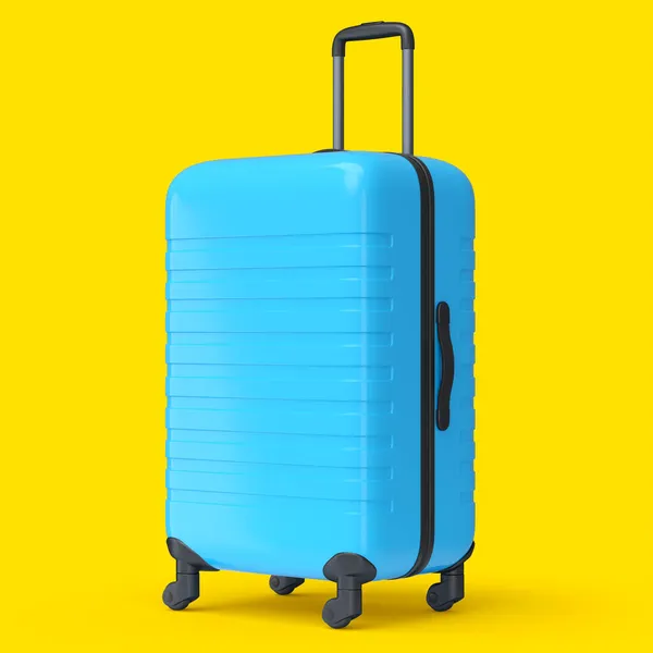 Regelmäßiger Blauer Polycarbonat Koffer Isoliert Auf Gelbem Hintergrund Reisekonzept Von — Stockfoto