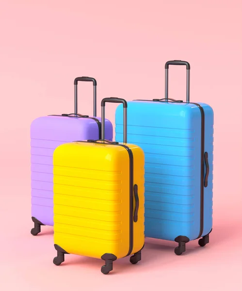Bunte Koffer Oder Gepäck Auf Rosa Hintergrund Darstellung Von Sommerferienkonzept — Stockfoto