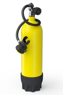 Sarı dalış tankı beyaz arka planda izole edilmiş şnorkelle yüzmek için tam oksijen. Yaz tatili için 3D dalış ve spor malzemesi.