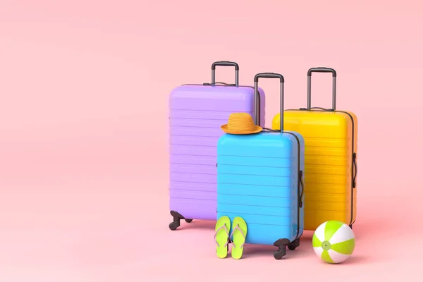 Koffer Mit Beachball Und Flip Flops Auf Rosa Hintergrund Darstellung — Stockfoto