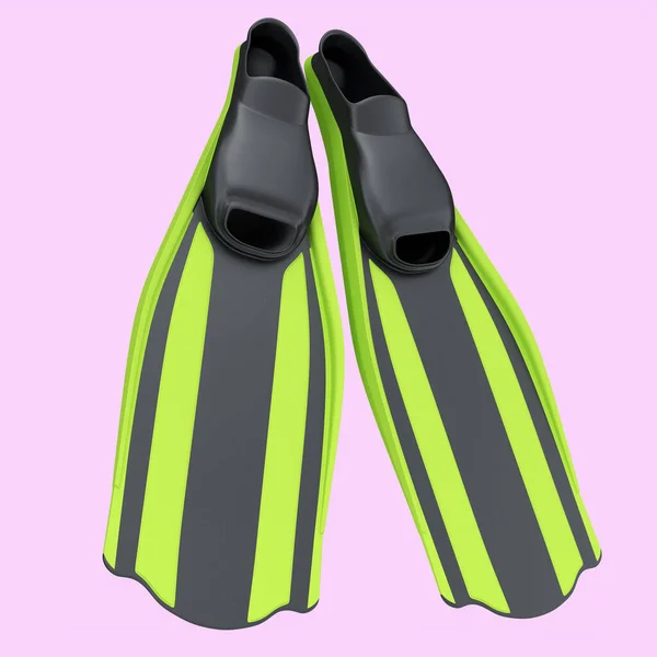 ピンクの背景に隔離された緑のダイビングフリッパー シュノーケリング用具の3Dレンダリング — ストック写真