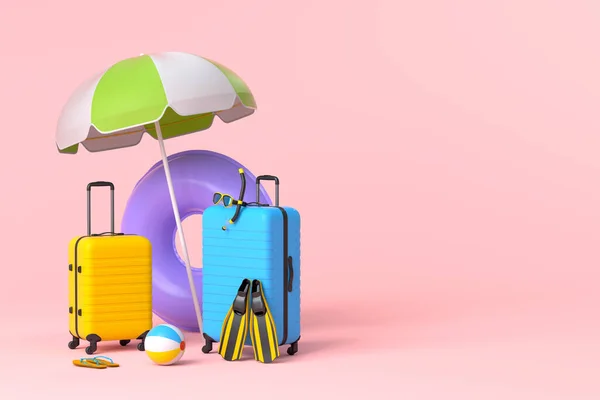 Koffer Met Strandparaplu Opblaasbare Ring Roze Achtergrond Weergave Van Zomervakantie — Stockfoto