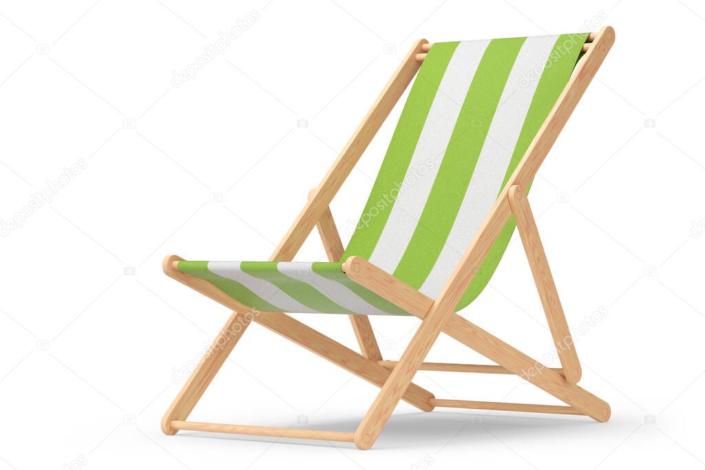 Green striped beach chair isolated on white background. 3d rendering of beach and ocean vacations and summer getaways