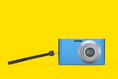 Sarı arkaplanda izole edilmiş küçük mavi cep kamerası