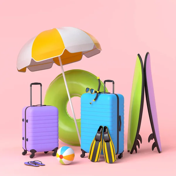 Βαλίτσα με ομπρέλα παραλίας και σανίδα του σερφ σε ροζ φόντο. — Φωτογραφία Αρχείου