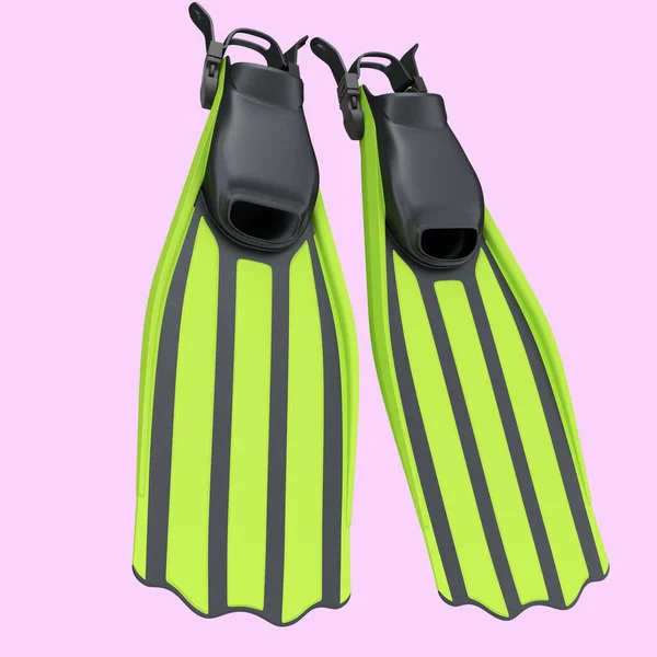 ピンクに隔離された緑のダイビングフリッパー。シュノーケリング用具の3Dレンダリング — ストック写真