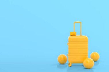 Tek renkli mavi arka planda plaj topu ve parmak arası terliklerle dolu bavul. Yaz tatili konsepti ve tatillerinin 3 boyutlu canlandırması