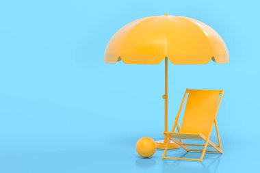 Şemsiyeli plaj sandalyesi ve tek renkli mavi arka planda plaj topu. Yaz tatili kavramının 3 boyutlu canlandırması