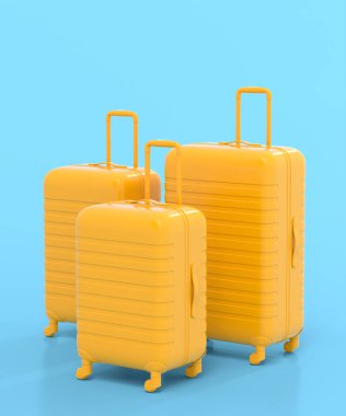 Renkli bavul ya da tek renkli mavi arka planda valiz. Yaz tatili konsepti ve tatillerinin 3 boyutlu canlandırması