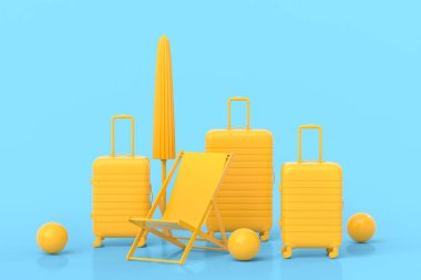 Plaj topu, şemsiye ve tek renkli mavi arka planda sandalye olan bavul. Yaz tatili konsepti ve tatillerinin 3 boyutlu canlandırması