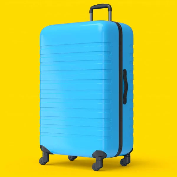 Großer Blauer Polycarbonat Koffer Isoliert Auf Gelbem Hintergrund Reisekonzept Von — Stockfoto