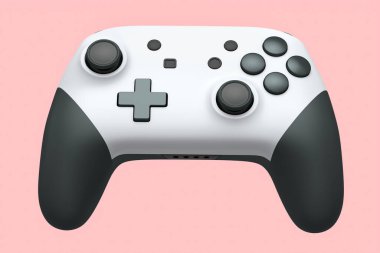 Pembe arka planda video oyunu kontrolörü için gerçekçi beyaz joystick. Bulut oyunu ve oyun alanı çalışma alanı konsepti için 3 boyutlu görüntüleme