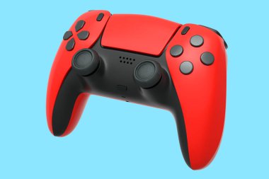 Mavi arka planda video oyunu kontrolörü için gerçekçi kırmızı joystick. Bulut oyunu ve oyun alanı çalışma alanı konsepti için 3 boyutlu görüntüleme