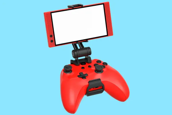 青い背景に携帯電話でゲームをプレイするための現実的な赤いジョイスティック ビデオゲームストリーミングコントローラの概念の3Dレンダリング — ストック写真