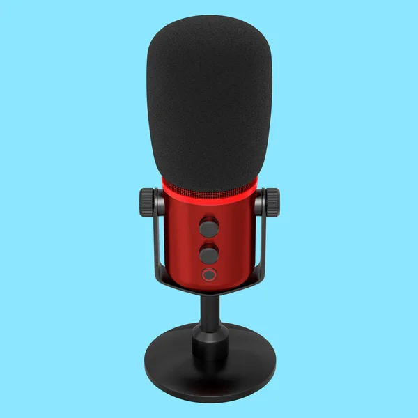 Rendering Red Studio Condenser Microphone Isolated Blue Background Concept Cloud — Stock Photo, Image