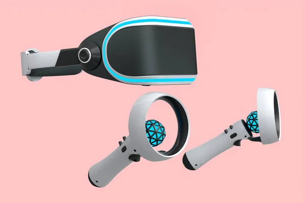 Virtual reality glasses and white controllers for online gaming on pink