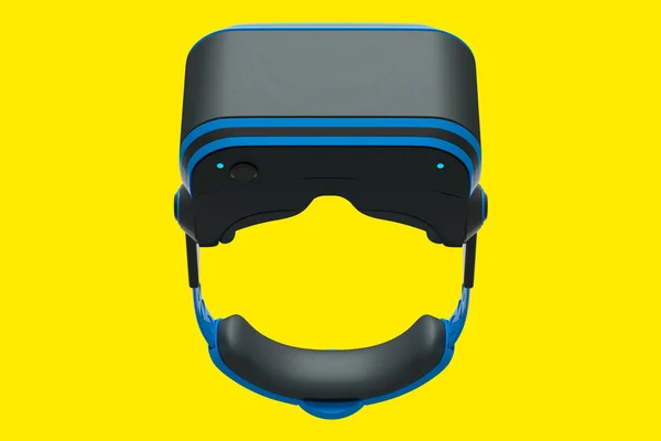 Sklenice virtuální modré reality izolované na žlutém pozadí. 3D vykreslování — Stock fotografie
