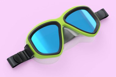 Yeşil dalış maskesi pembe arka planda izole edilmiş. 3D dalış ve şnorkelle yüzme ekipmanı