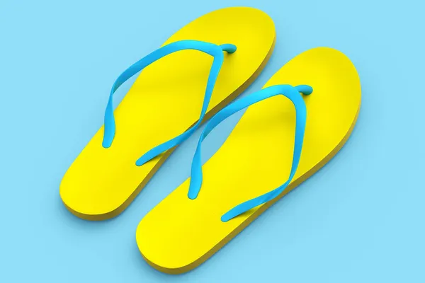 Praia Chinelos Amarelos Sandálias Isoladas Fundo Azul Renderizar Conceito Férias — Fotografia de Stock