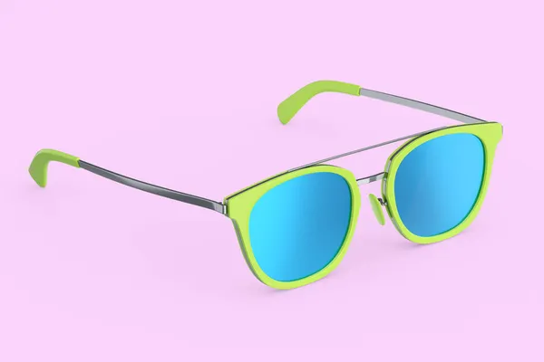 ピンクの背景に夏のためのグラデーションレンズと緑のプラスチックフレームと現実的なサングラス 3Dレンダリング家族旅行のコンセプトと太陽の目の保護 — ストック写真