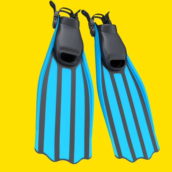 黄色に隔離された青いダイビングフリッパー。シュノーケリング用具の3Dレンダリング — ストック写真