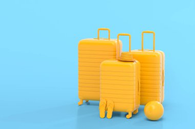 Tek renkli mavi arka planda plaj topu ve parmak arası terliklerle dolu bavul. Yaz tatili konsepti ve tatillerinin 3 boyutlu canlandırması