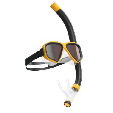 Beyaz arkaplanda turuncu dalış maskesi ve şnorkel izole edilmiş.