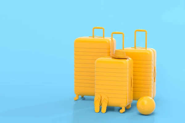 Koffer Mit Beachball Und Flip Flops Auf Monochromblauem Hintergrund Darstellung — Stockfoto