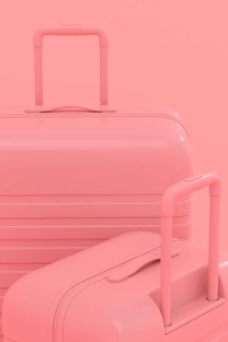 Tek renkli bavul ya da pembe arka planda valiz. Yaz tatili konsepti ve tatillerinin 3 boyutlu canlandırması